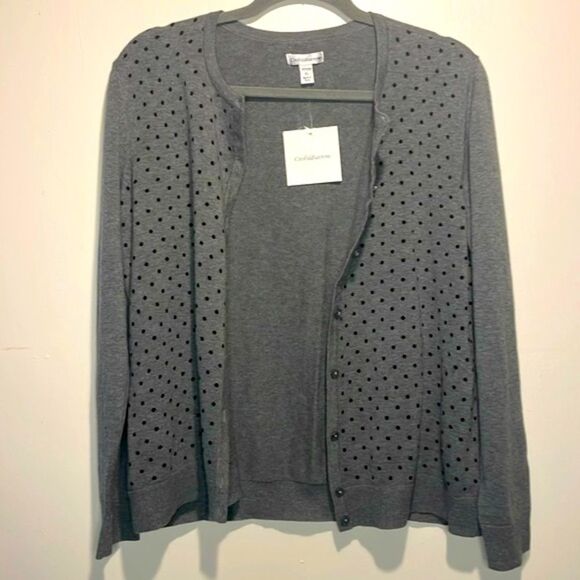 Croft & Barrow- NWT Full Button-Down Polka Dot Print Cardigan Gray/Black Size LP - Picture 1 of 6